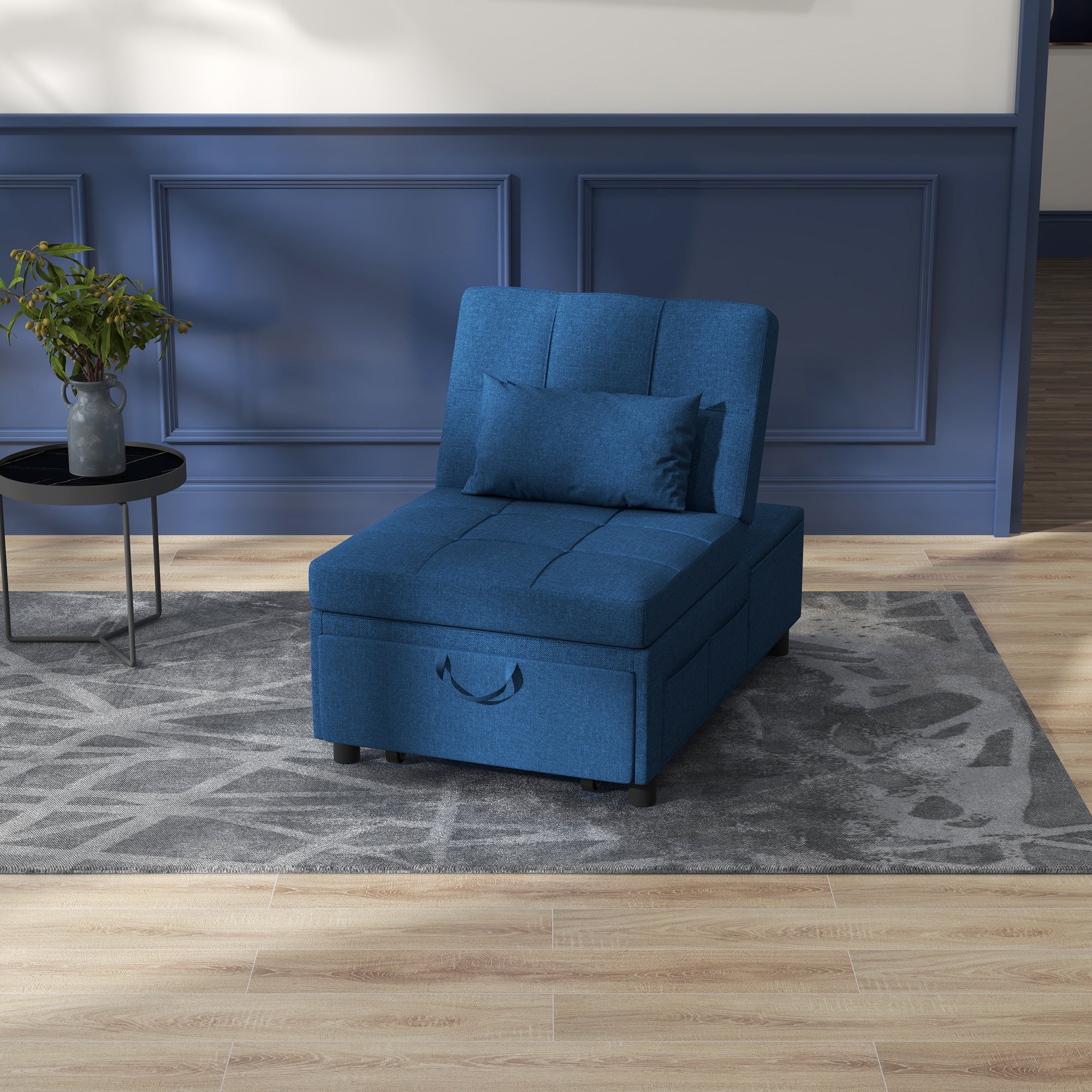 Convertible Chair Bed with Padding Seat, 4-in-1 Multi-Functional Sleeper Sofa Bed, Recliner with Adjustable Backrest, Side Pocket, Wheels and Pillow, for Living Room, Blue