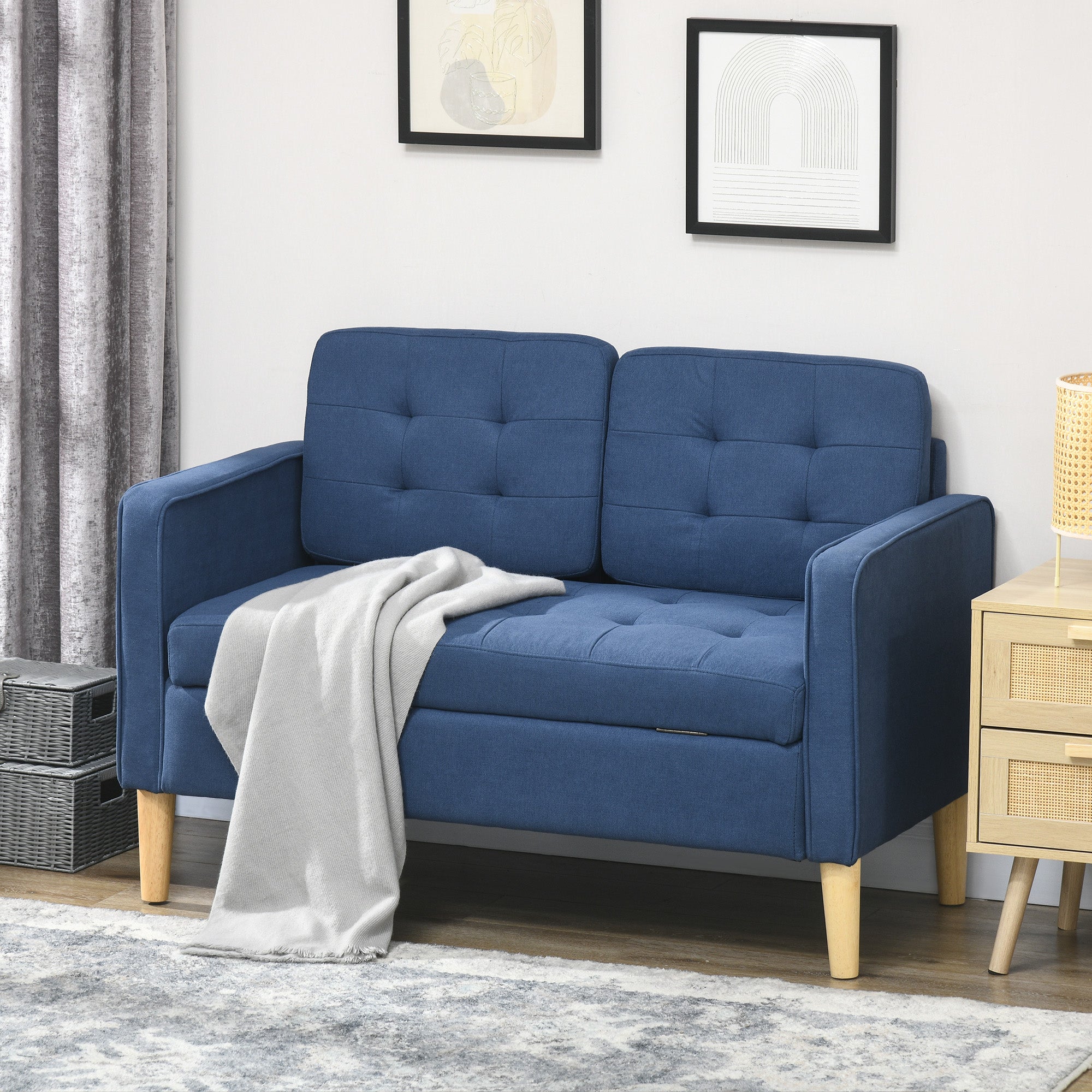 Modern Loveseat Sofa, Compact 2 Seater Sofa with Hidden Storage, 117cm Tufted Cotton Couch with Wood Legs, Blue