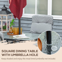 5 Pieces Outdoor Square Garden Dining Set w/ Tempered Glass Dining Table 4 Cushioned Armchairs, Umbrella Hole, Grey