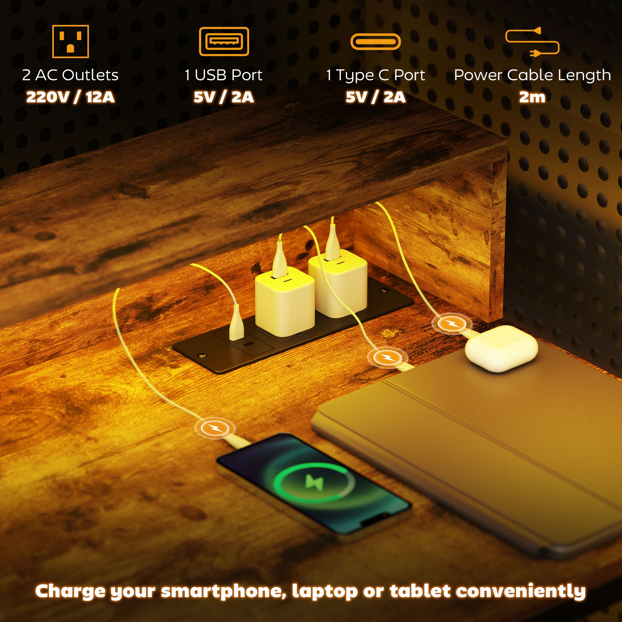 100cm Computer Desk with LED Lights and Power Outlets, Gaming Desk with Monitor Stand, Computer Table with Remote for Home Office Study, Rustic Brown