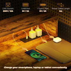 100cm Computer Desk with LED Lights and Power Outlets, Gaming Desk with Monitor Stand, Computer Table with Remote for Home Office Study, Rustic Brown