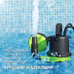 400W Submersible Water Pump for Dirty/Clean Water, 9000L/H Electric Sump Pump with Float Switch, Drain Water from Garden Pond, Hot Tub, Ditches, Portable and Lightweight
