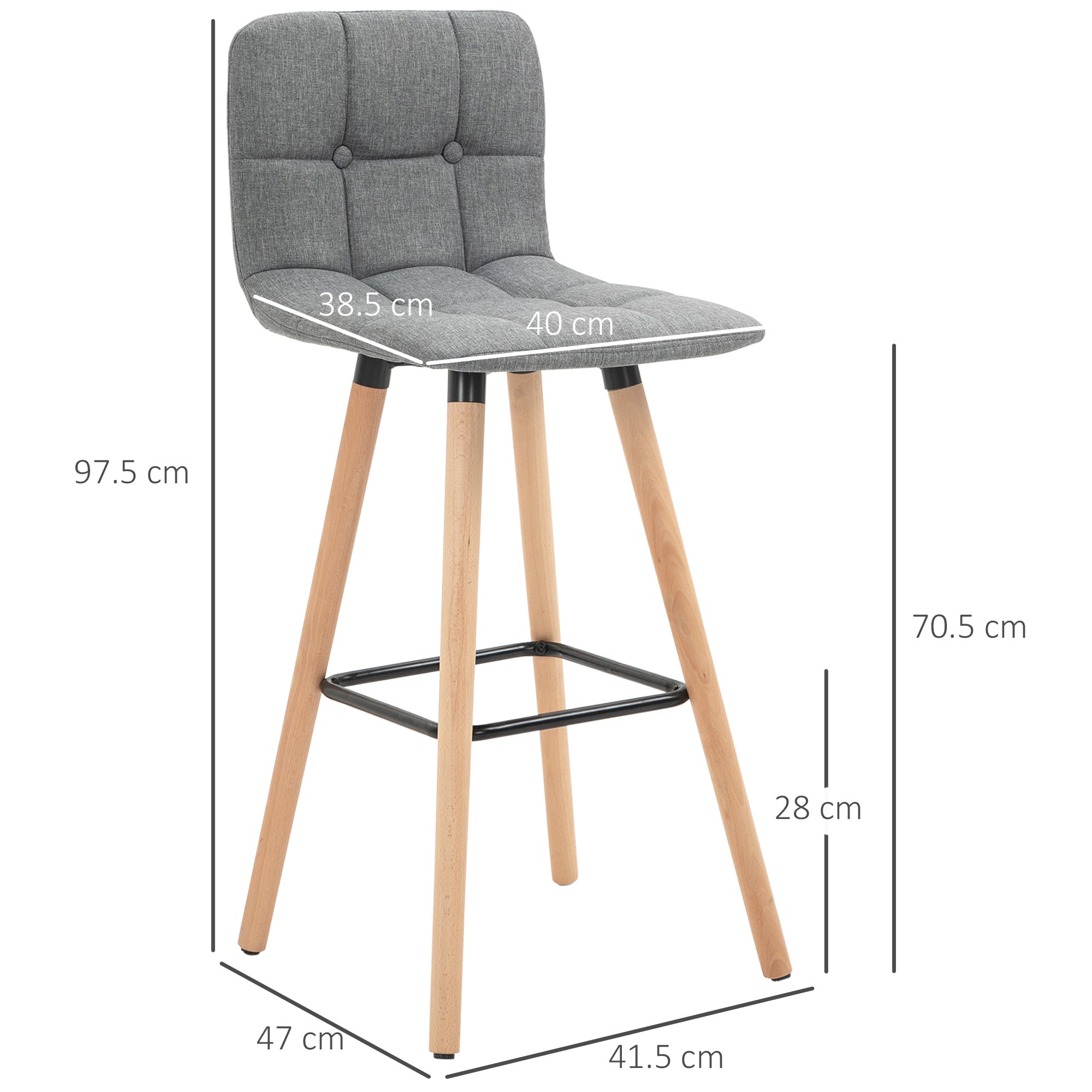 Breakfast Bar Stool Set of 2 Armless Button-Tufted Counter Height Bar Chairs with Wood Legs & Footrest, Grey