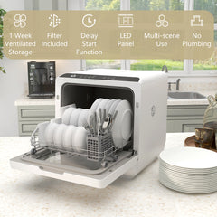 Table Top Dishwasher with Built-in 6L Water Tank, Mini Countertop Dishwasher with 6 Programs, 4 Place Settings, Black