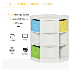 3 Tier Kids Bookcase Toy Organiser Storage w/ 3 Fabric Drawers, White
