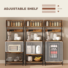 Fynco - Bakers Rack with Power Outlet, USB Charger, Microwave Stand with Adjustable Shelves, 5 Hooks for Small Spaces, Kitchen Storage Unit for Spices, Pots and Pans, Rustic Brown
