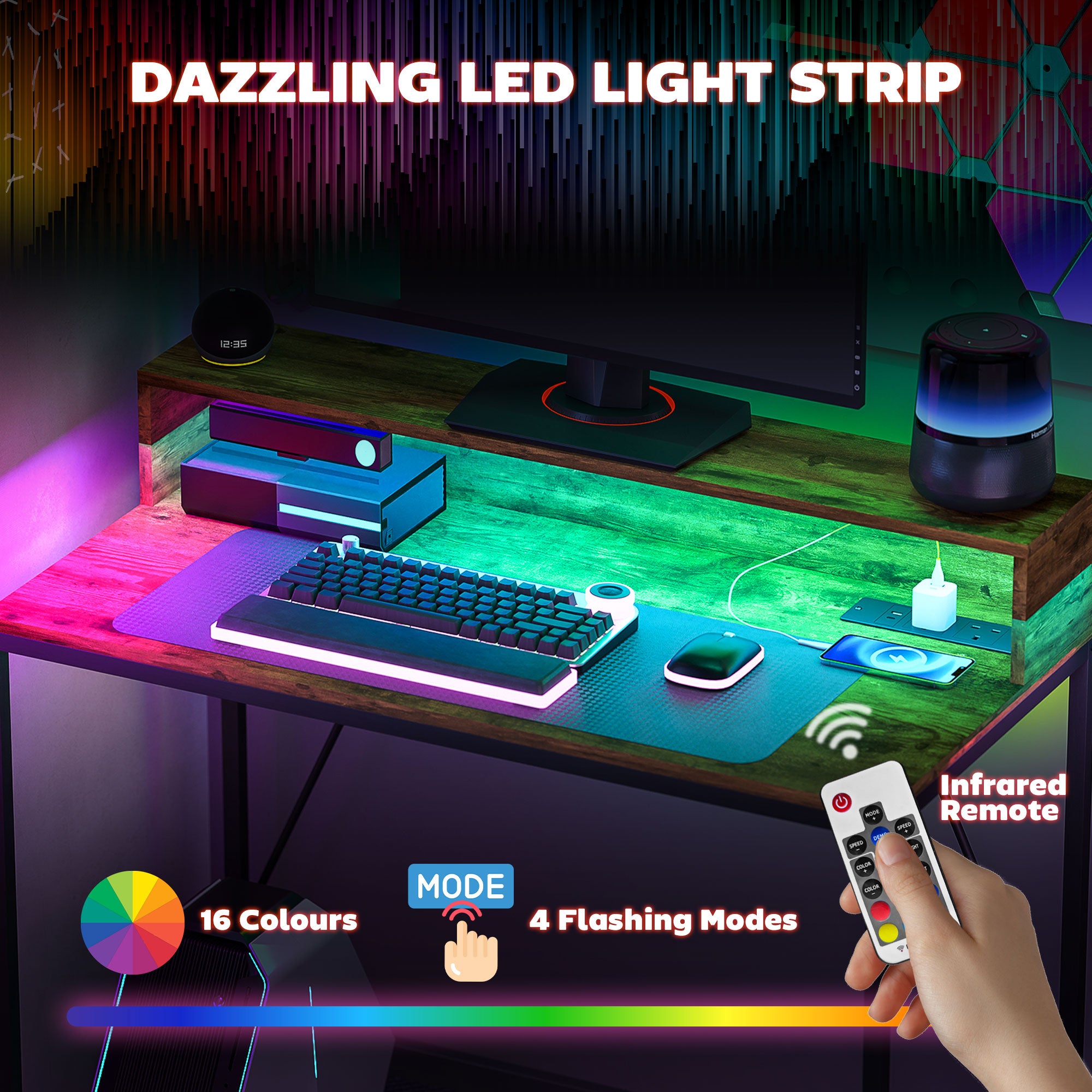 100cm Computer Desk with LED Lights and Power Outlets, Gaming Desk with Monitor Stand, Computer Table with Remote for Home Office Study, Rustic Brown