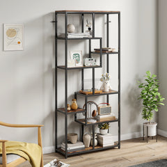 Fynco - Seven-Tier Geometric Bookcase - Brown/Black