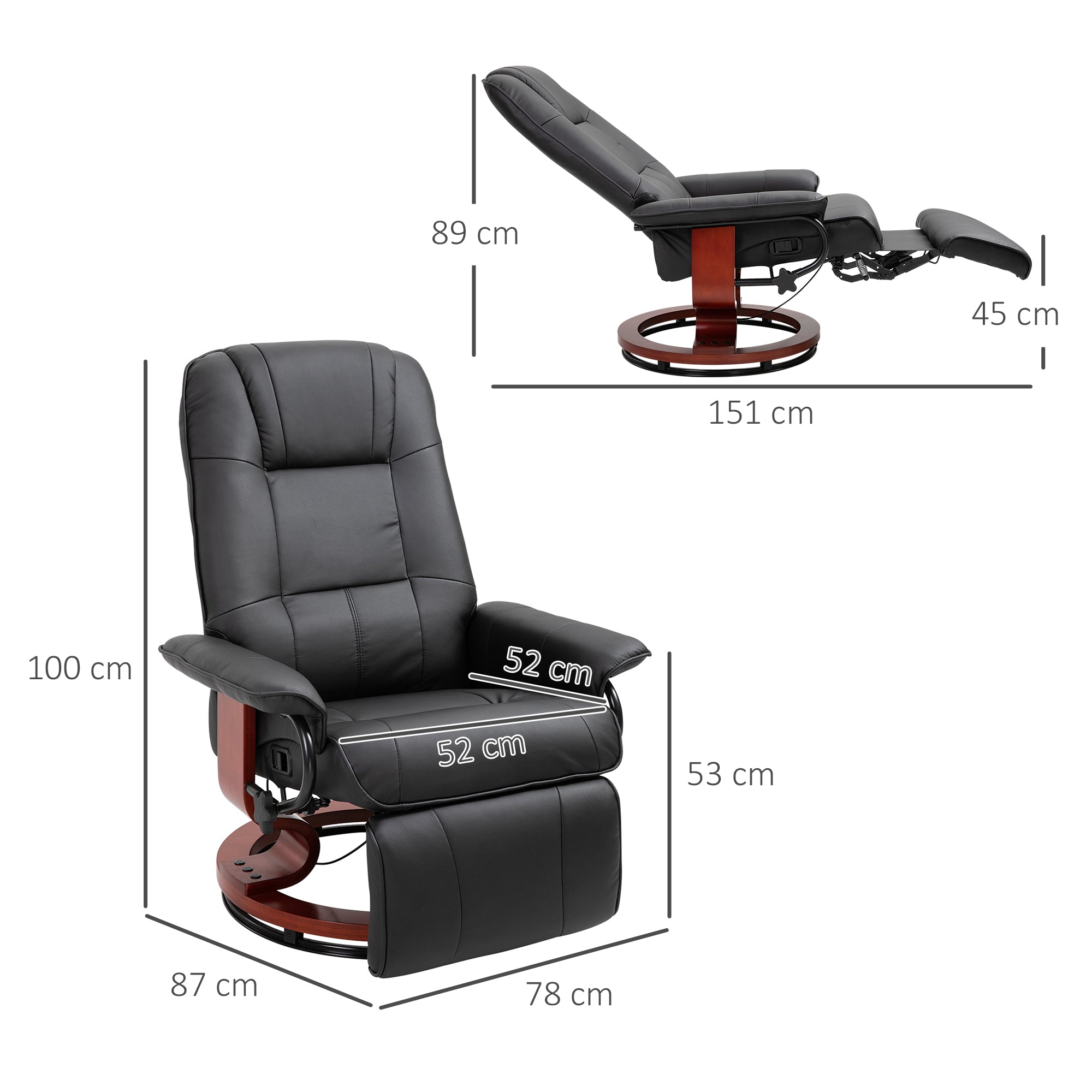 360° Swivel Recliner Chair with Footstool, Manual Recliner Armchair with Wooden Base, Faux Leather Upholstered Reclining Chair for Living Room, Bedroom, Office, Black