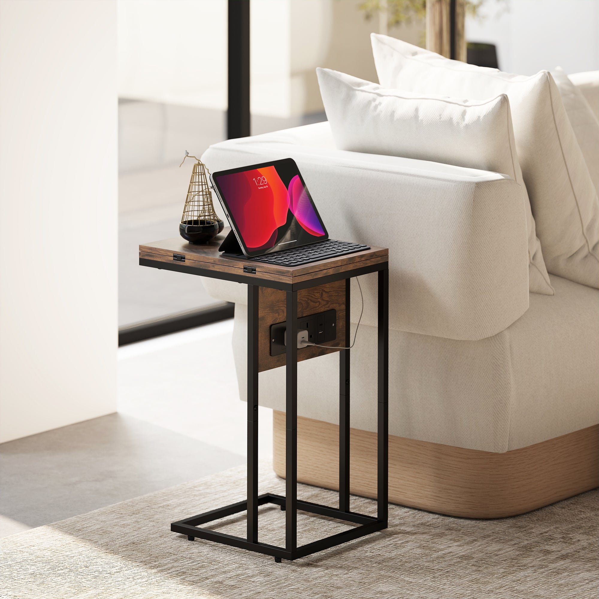 Fynco - C Shaped Side Table with Charging Station and Foldable Top - Rustic Brown
