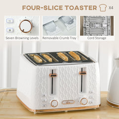 1.7L 3000W Fast Boil Kettle & 4 Slice Toaster Set, Kettle and Toaster Set with 7 Browning Controls, Crumb Tray, White