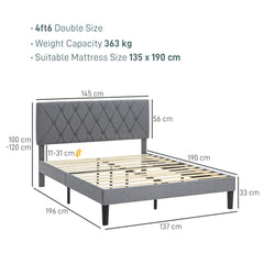 Double Bed Frame with 5-Level Adjustable Linen Upholstered Headboard, Wooden Slats Mattress Foundation, No Box Spring Needed, Grey