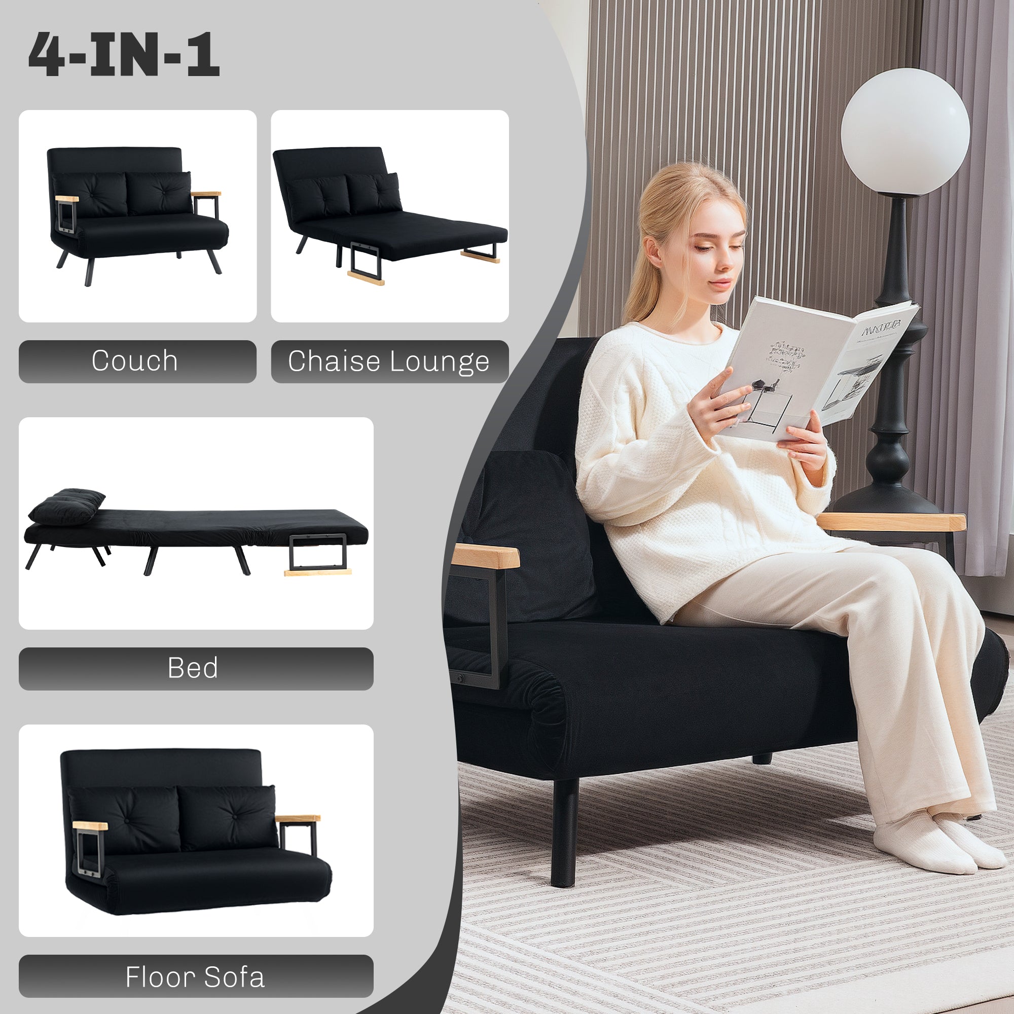 4-in-1 Velvet-Feel Double Sofa Bed, with Pillows - Black