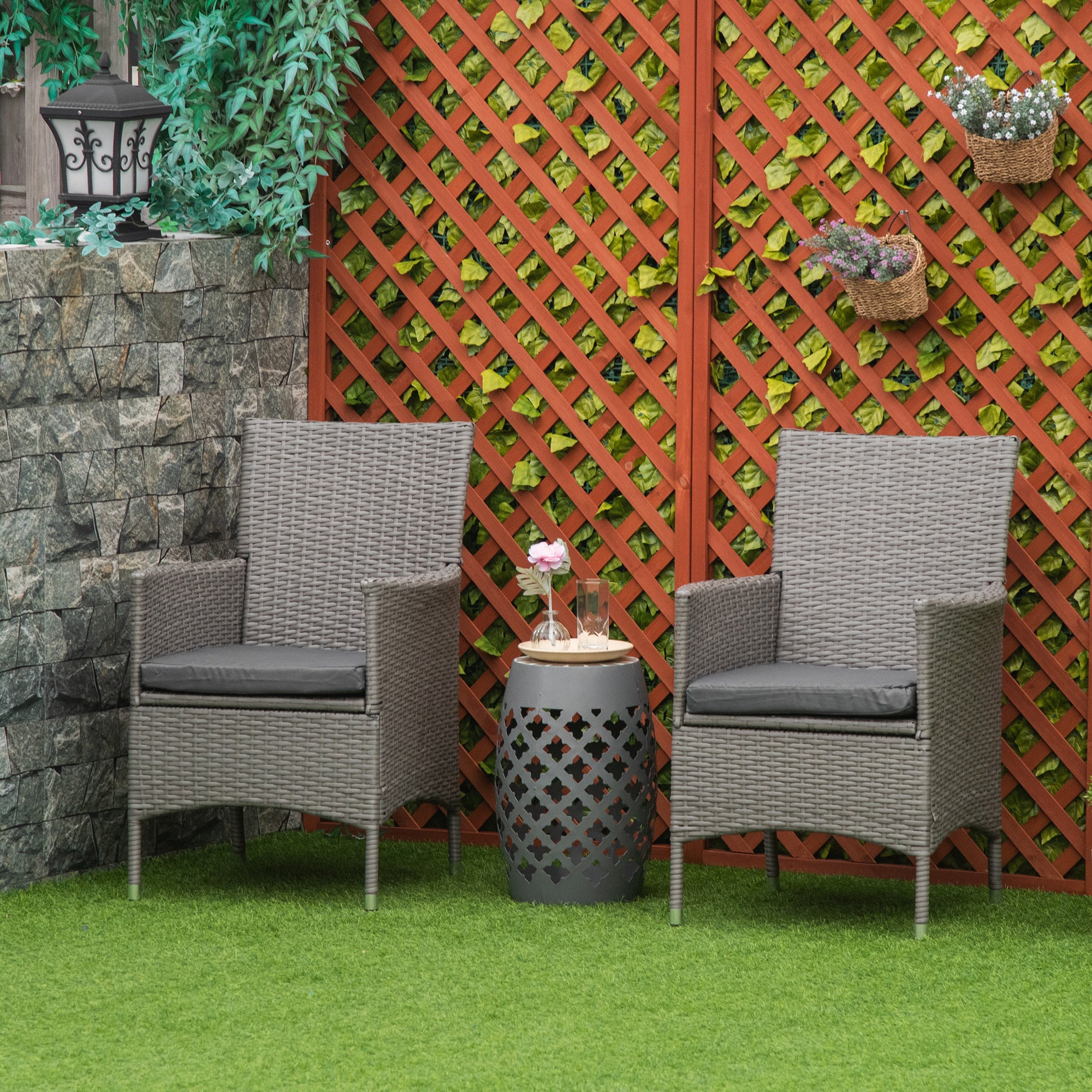 2 Pieces Outdoor PE Rattan Dining Chairs Set with Cushion, Garden Armchair with Armrests, High Backrest, Metal Frame Patio Wicker Furniture, Grey