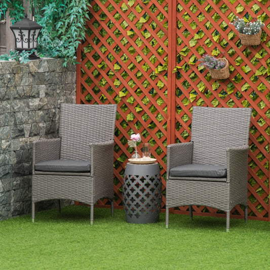 2 Pieces Outdoor PE Rattan Dining Chairs Set with Cushion, Garden Armchair with Armrests, High Backrest, Metal Frame Patio Wicker Furniture, Grey