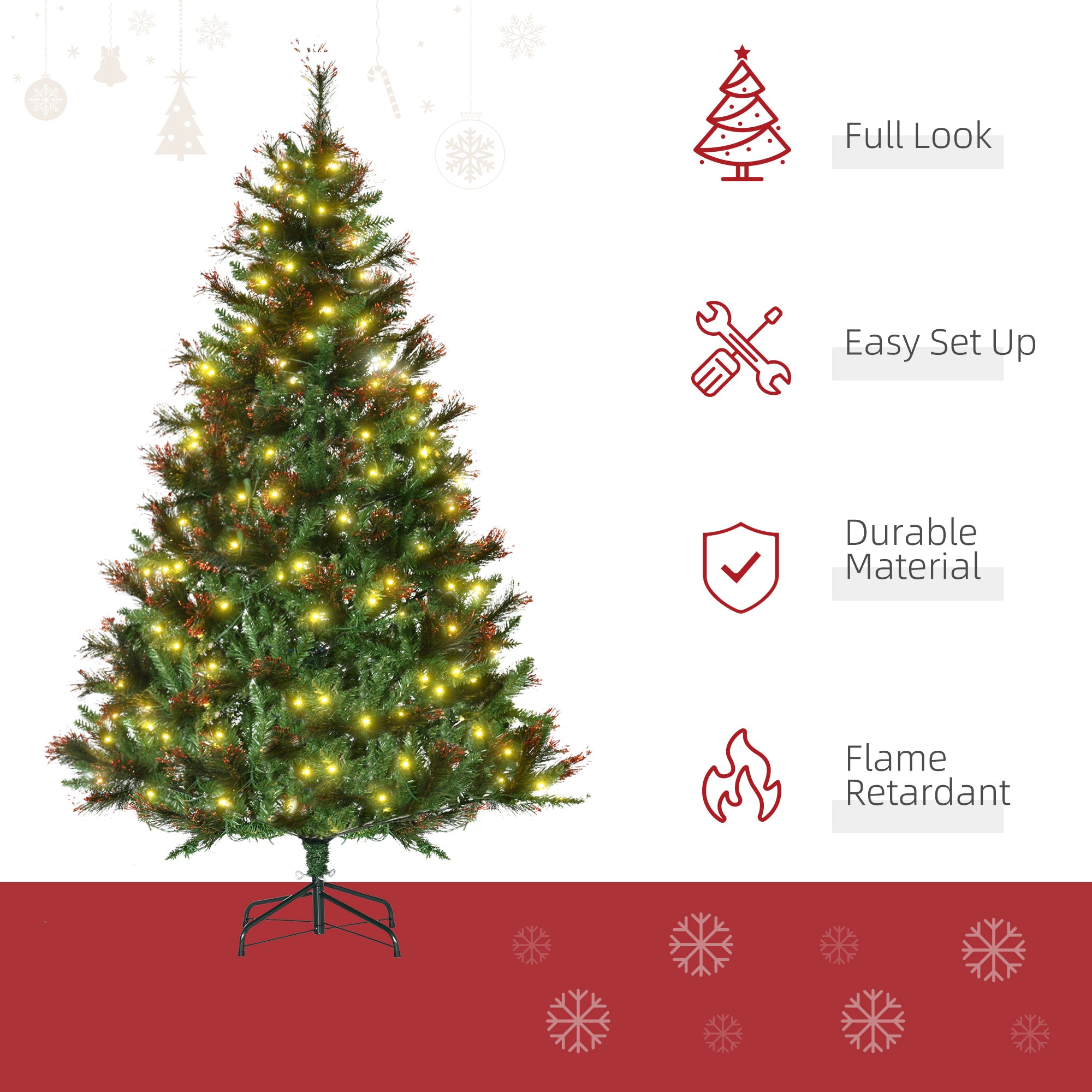 1.8m 6ft Pre-Lit Christmas Tree Artificial Spruce Xmas Tree Warm White LED Holiday Décor with Metal Stand