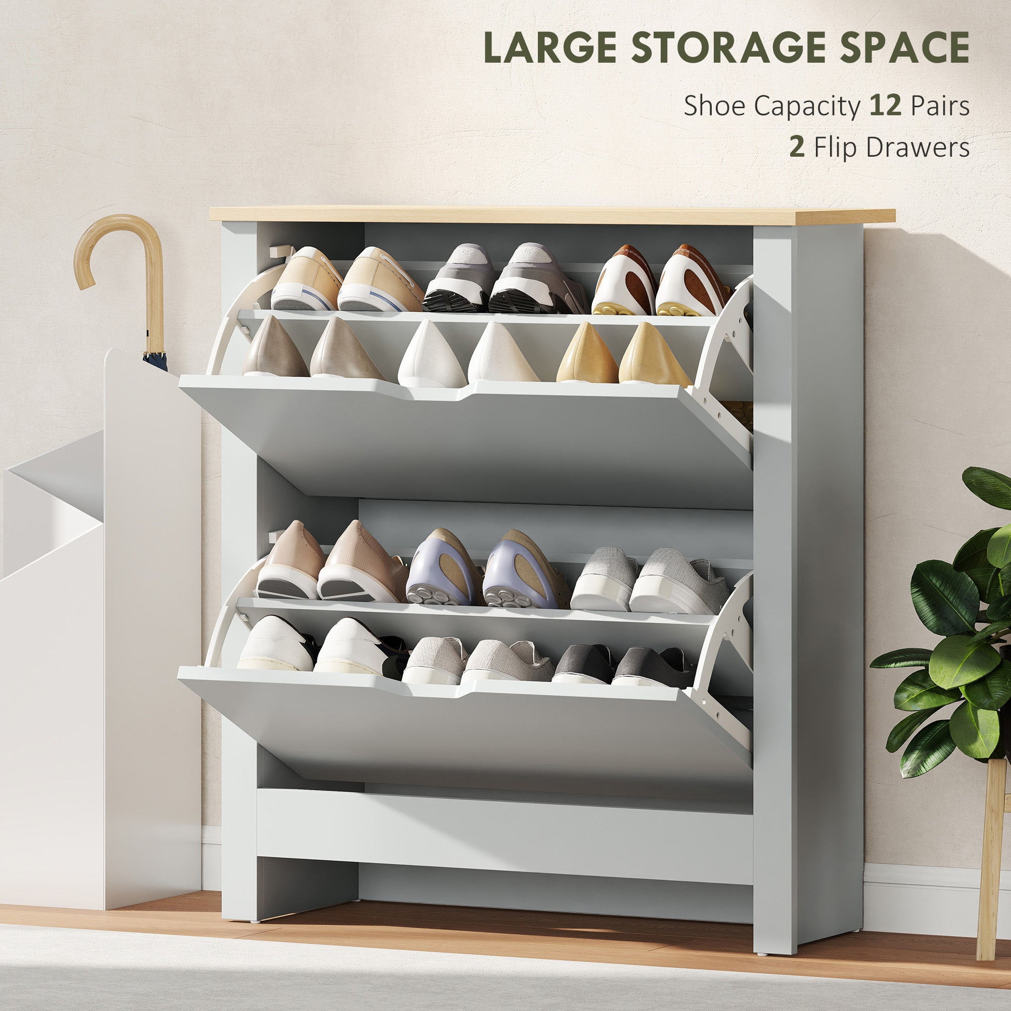 Fynco - Slim Shoe Cabinet, Narrow Shoe Cupboard with 2 Flip Drawers, Adjustable Shelves for 12 Pairs of Shoes, Light Grey
