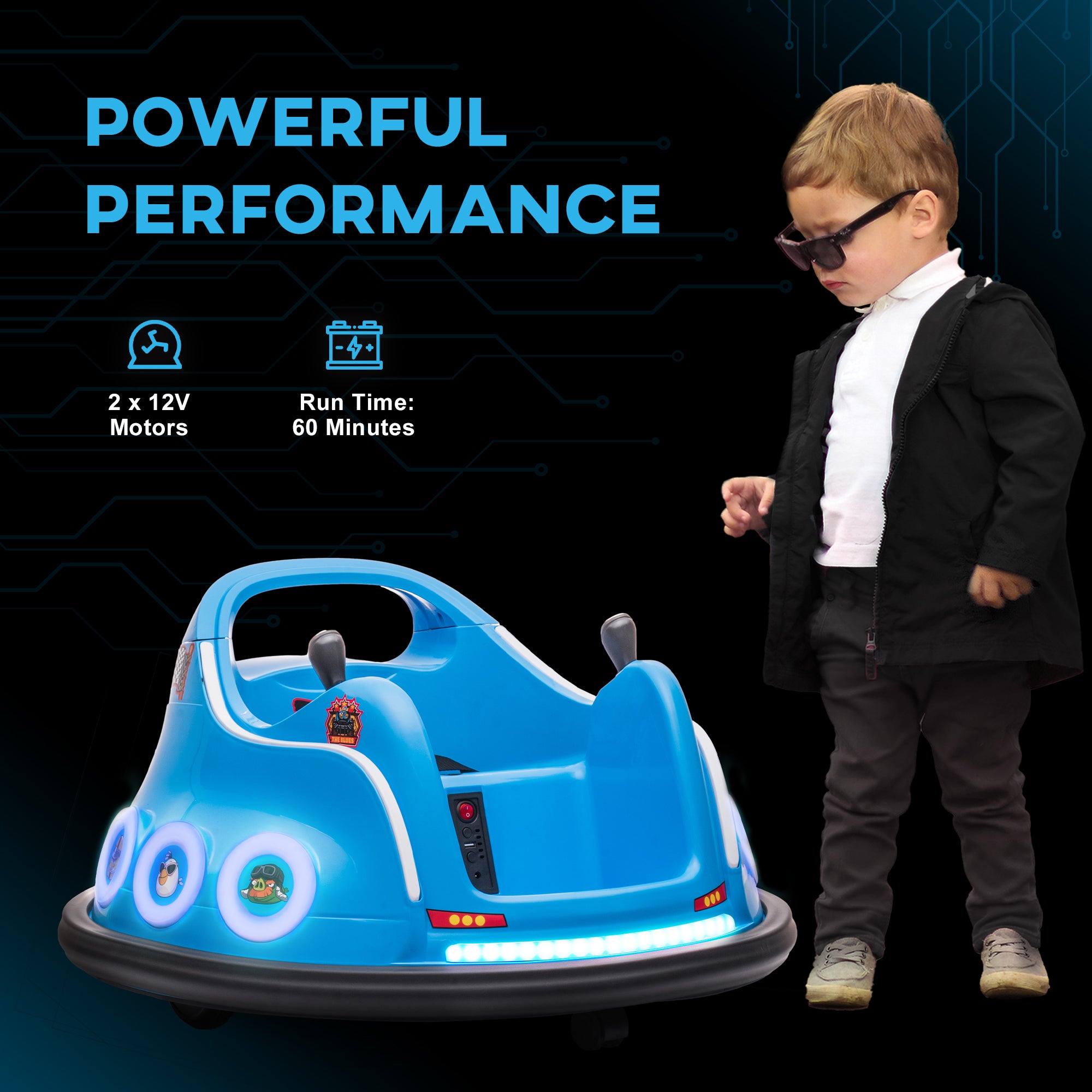 AIYAPLAY Angry Bird Licensed Waltzer Car, 12V Kids Bumper Car w/ Joysticks, Remote, Music LED Lights, Blue