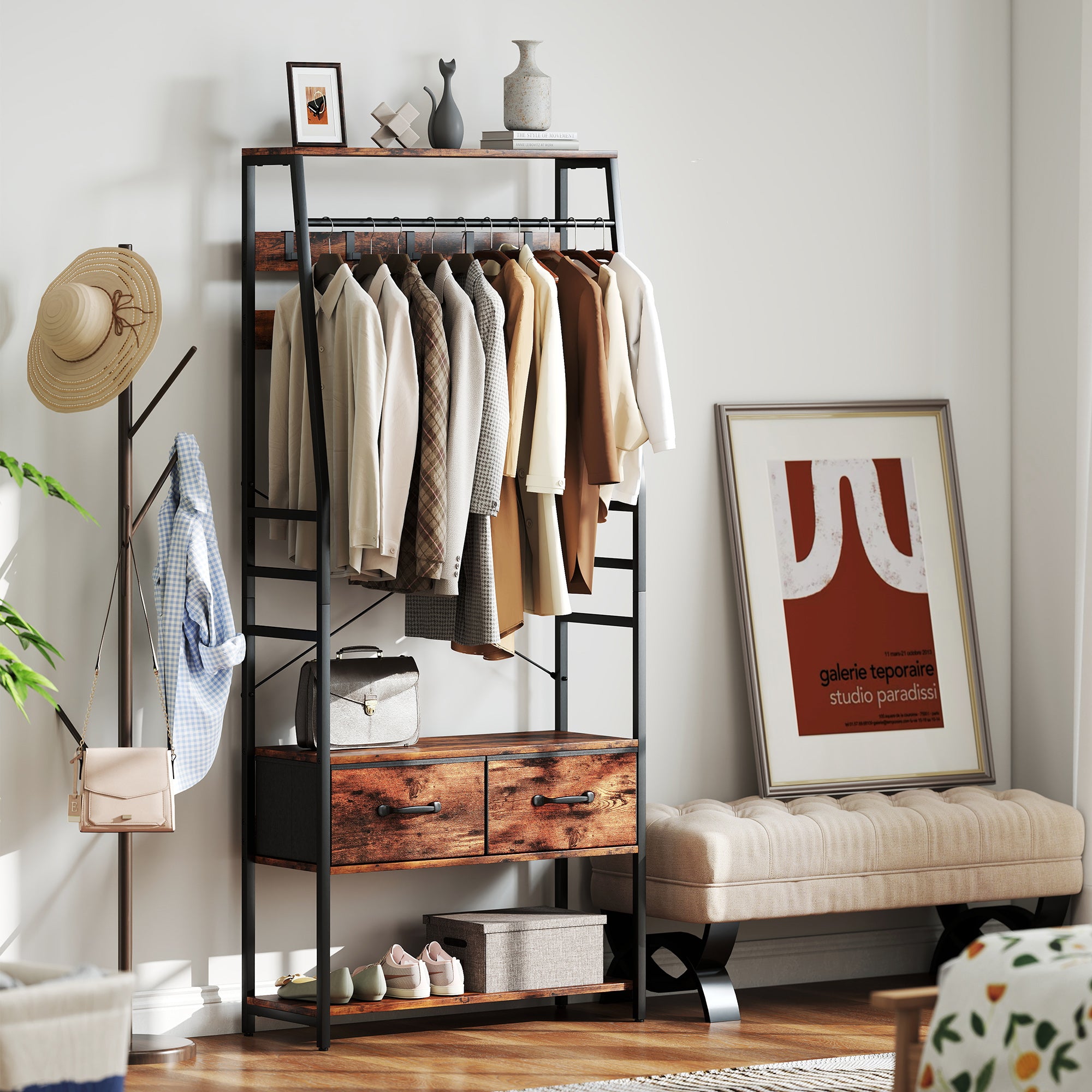 Fynco - 6-in-1 Industrial-Style Hallway Organiser - Brown/Black