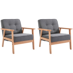 Armchair, Linen Fabric Accent Chair, Occasional Chair with Beech Wood Frame for Living Room, Reception, Bedroom, Balcony, Set of 2, Grey and Natural