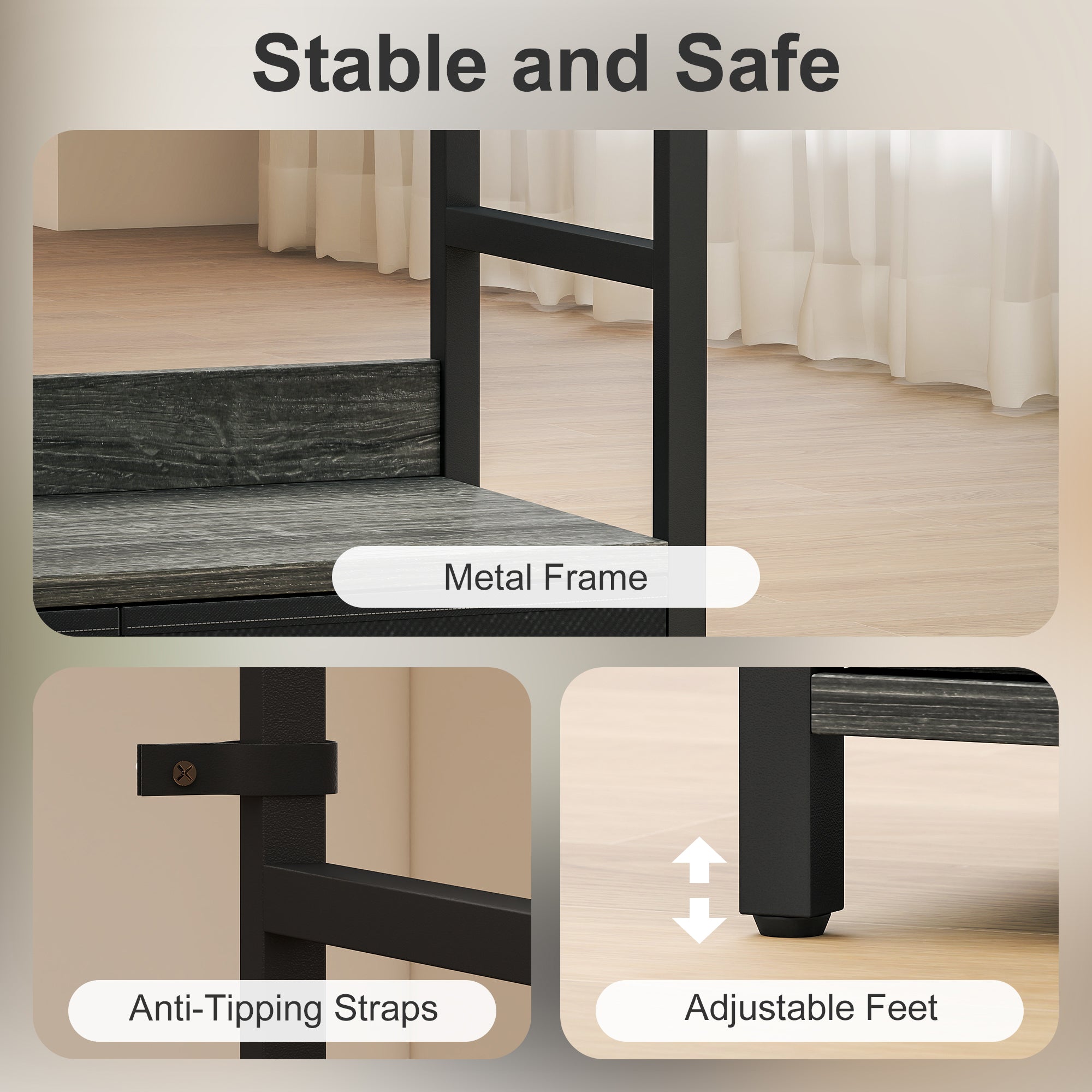 Fynco - Industrial Bookcase, 6-Tier Tall Bookshelf with 3 Fabric Drawers - Grey