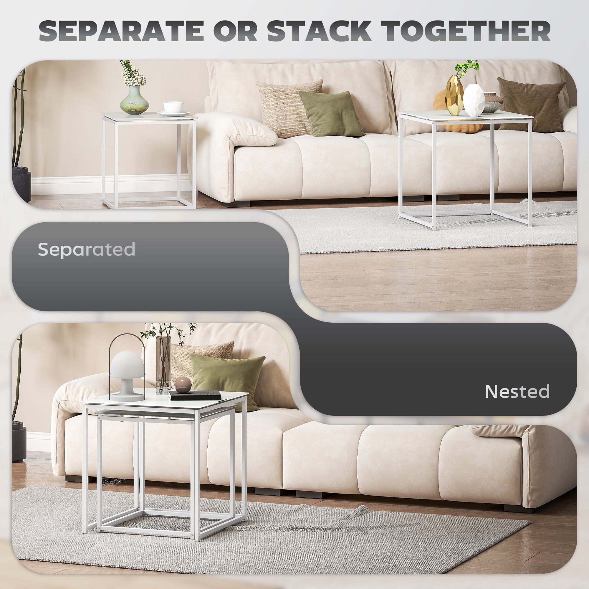 Nest of Tables, Set of 2 Coffee Table, Side Tables with Tempered Glass Desktop and Metal Frame for Living Room, Bedroom, Office, White