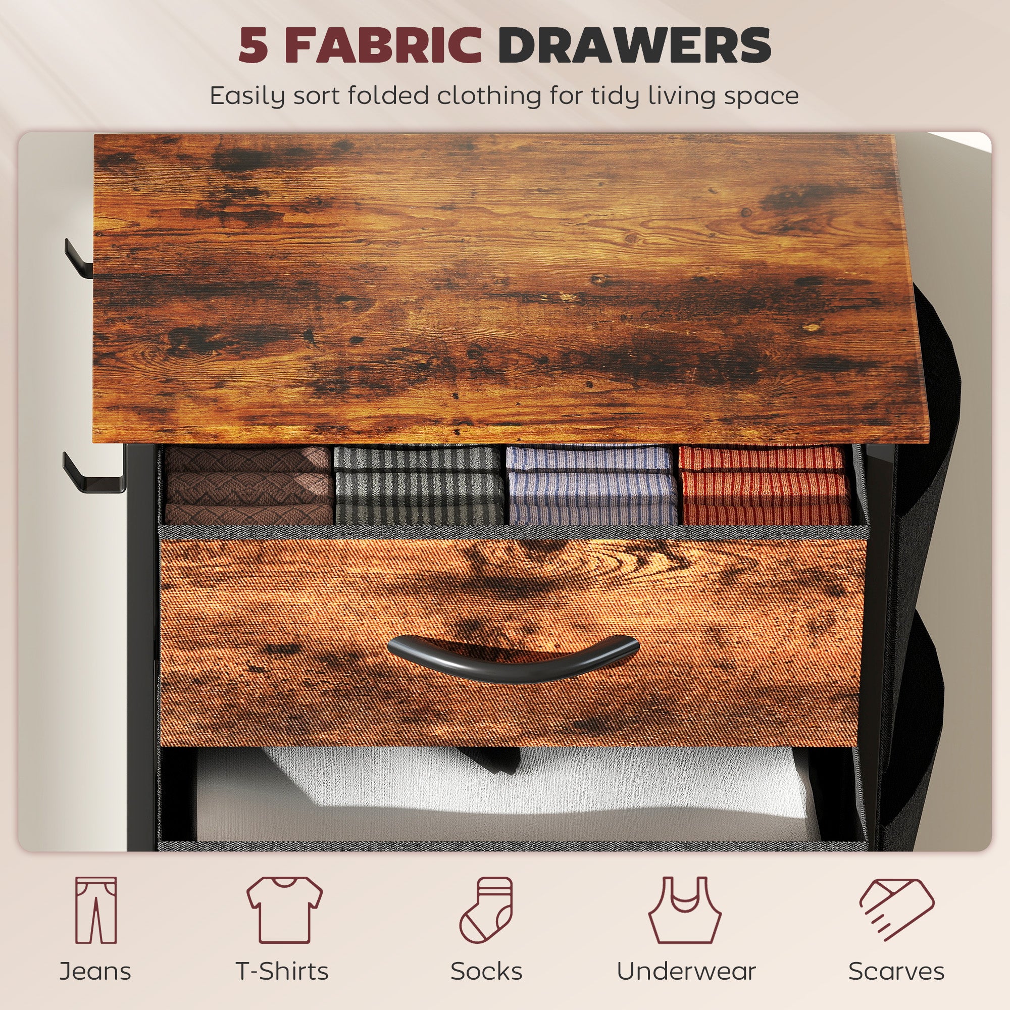 Chest of Five Fabric Drawers - Rustic Brown