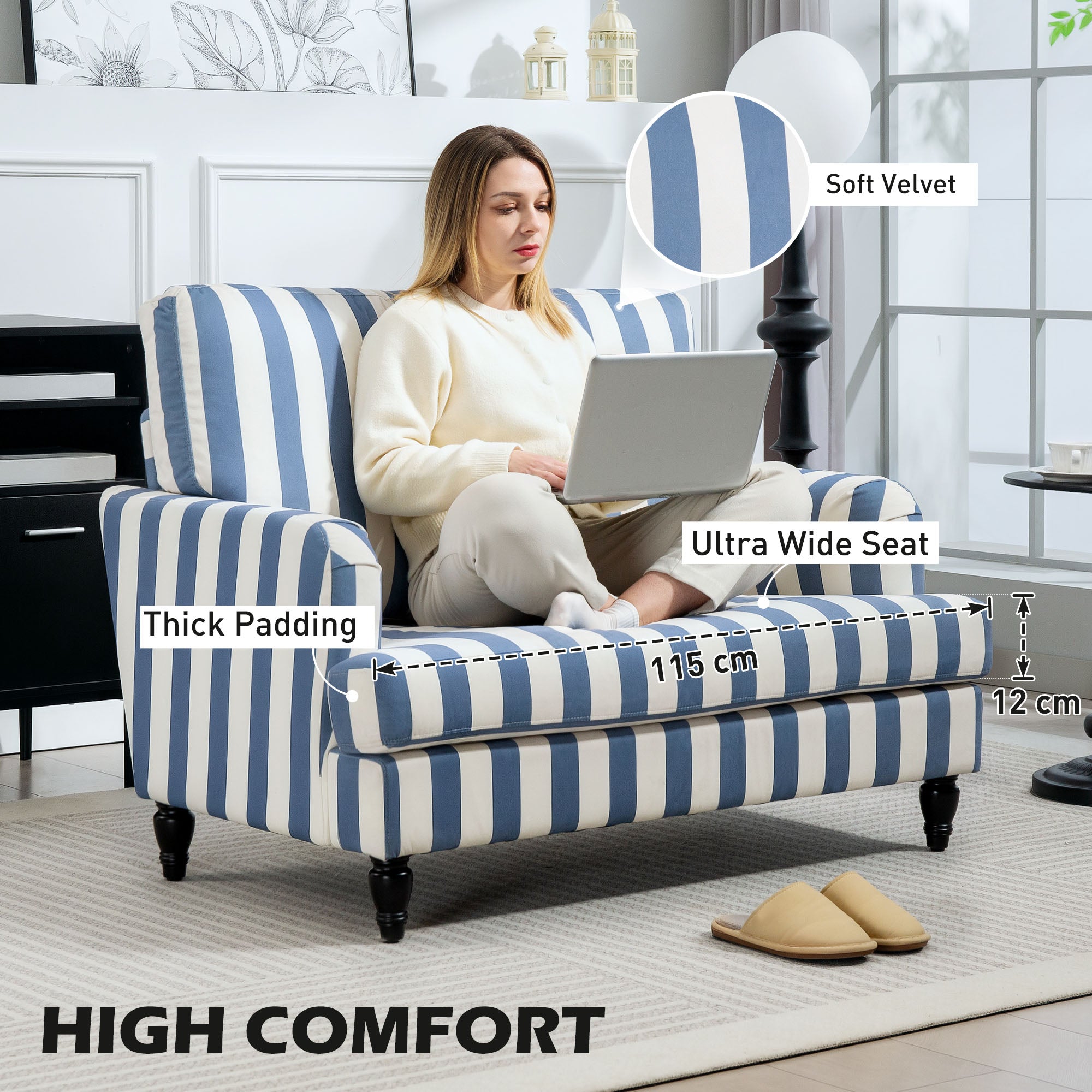 Modern Cuddle Chair, Velvet Single Sofa Armchair with Stripe, Turned Legs and Wide Seat, Upholstered Snuggle Chair for Living Room, Bedroom, Blue and White