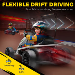 24V Electric Go Kart for Kids, Drift Ride-On Racing Go Kart with 2 Speeds, for Boys Girls Aged 8-12 Years Old, White