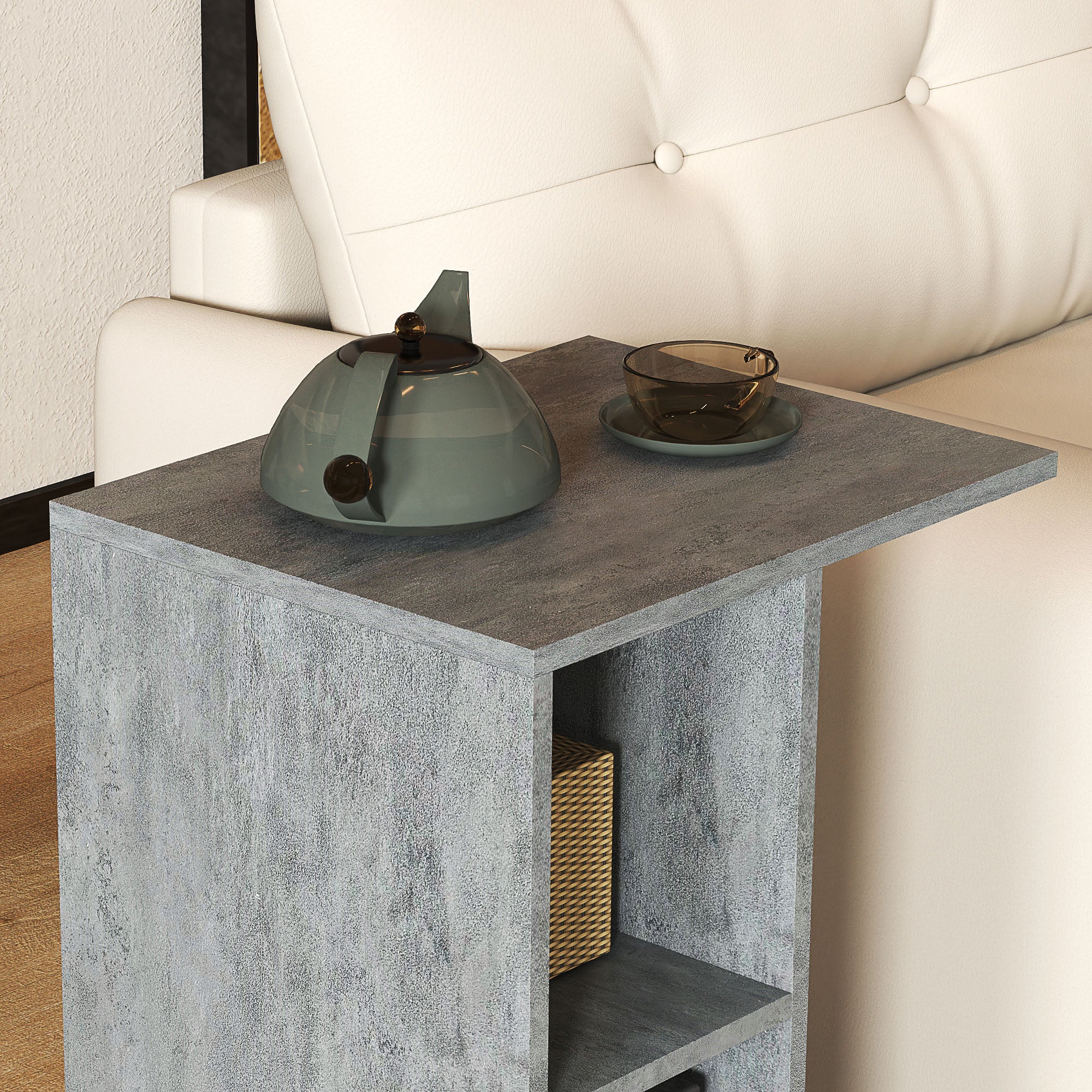 C-Shape End Table Unique Storage Unit w/ 2 Shelves 4 Wheels Freestanding Home Office Furniture Cabinet Square Studio Grey