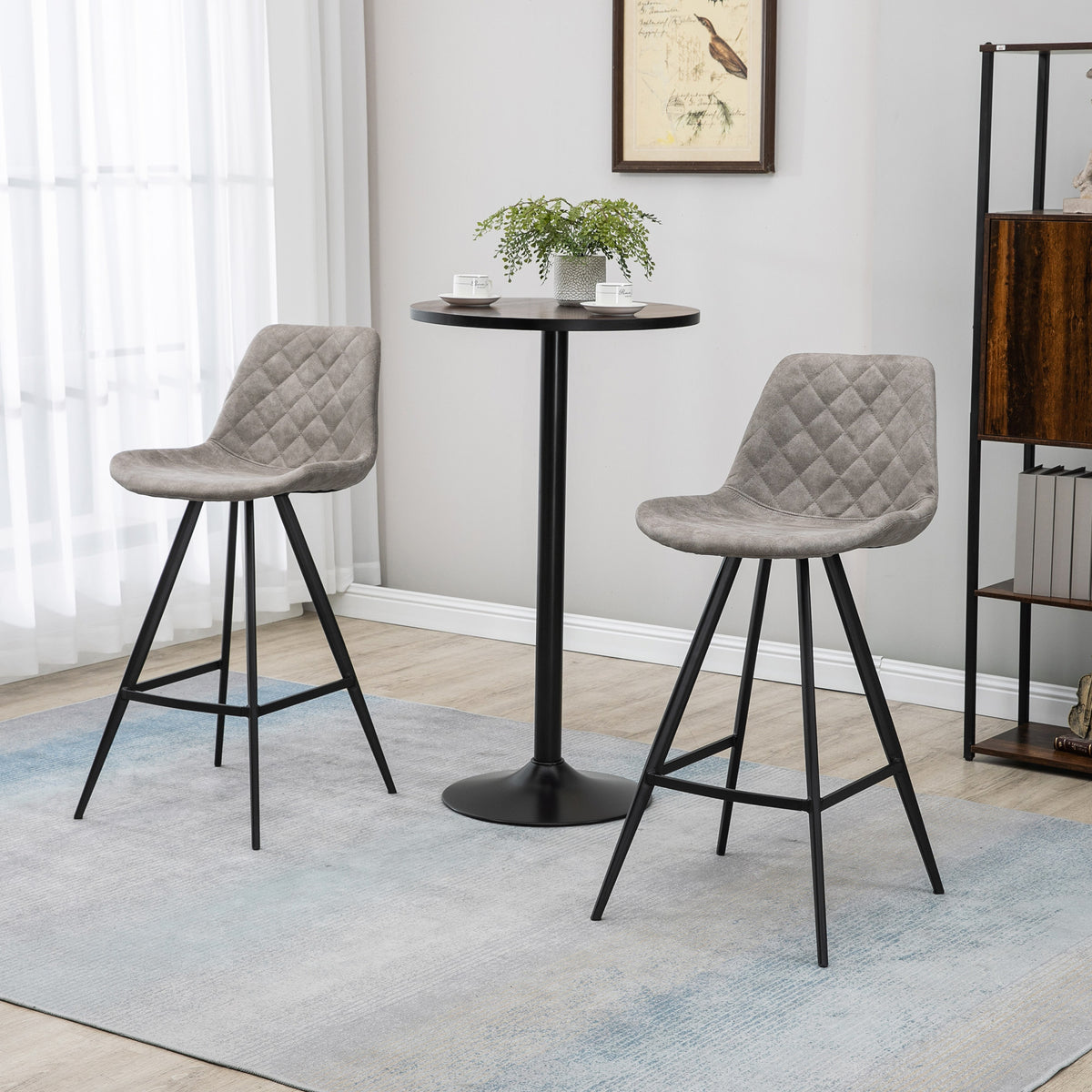 Set Of 2 Bar Stools Vintage Microfiber Cloth Tub Seats Padded Comfortable Steel Frame Footrest Quilted Home Bar Cafe Kitchen Chair Stylish Grey