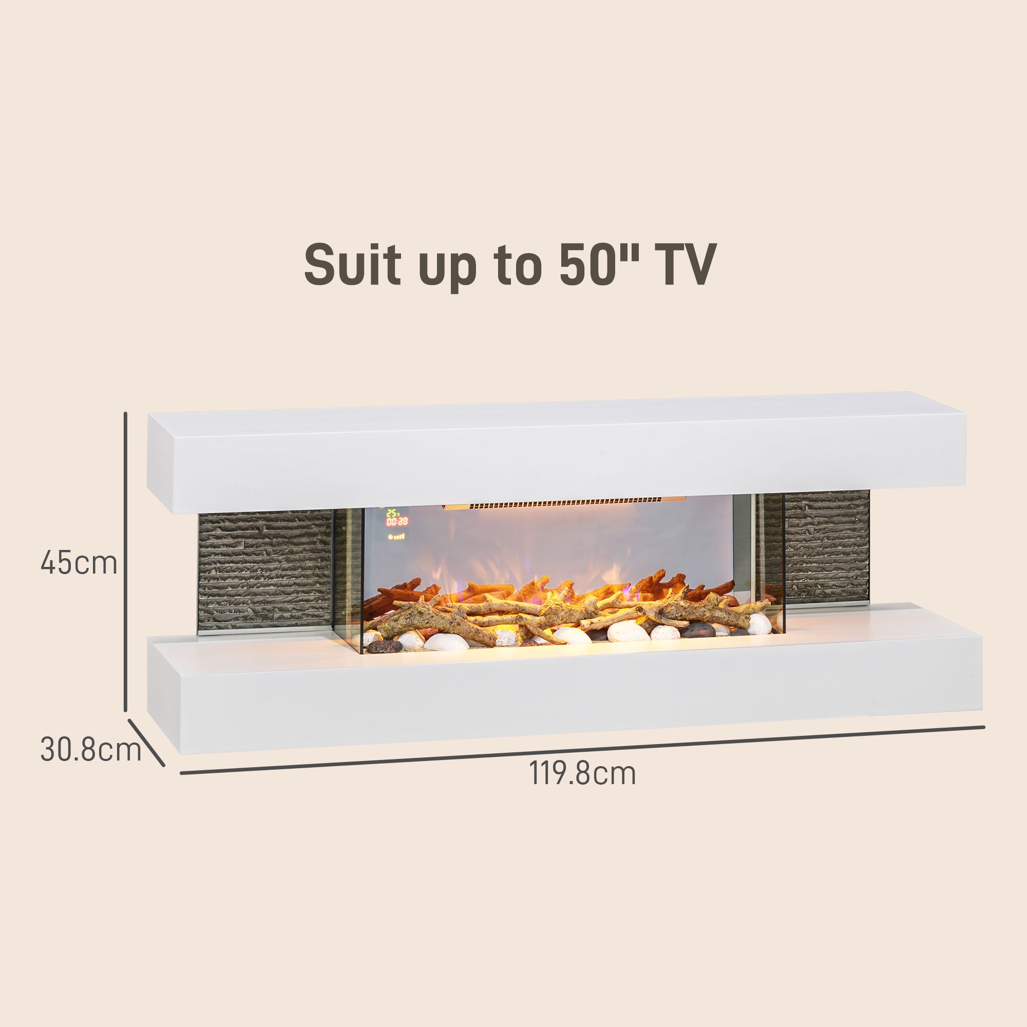 Fynco - 47inch / 120cm Electric Fireplace Wall Mounted, Freestanding, Glass Electric Fire Suite with Mantel, Adjustable LED Flame Effect and Temperature, Log, Pebble, Remote Control, 2000W, White