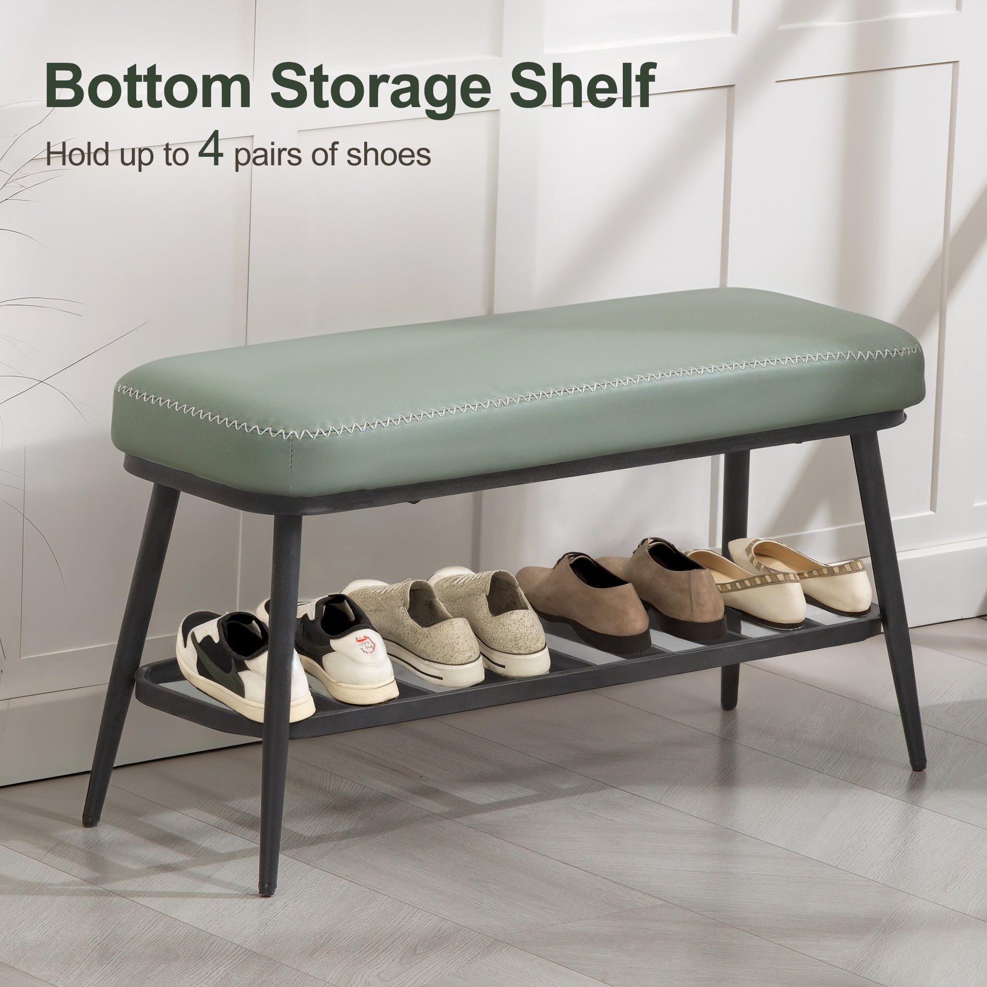 Fynco - PU Leather Shoe Storage Bench - Green