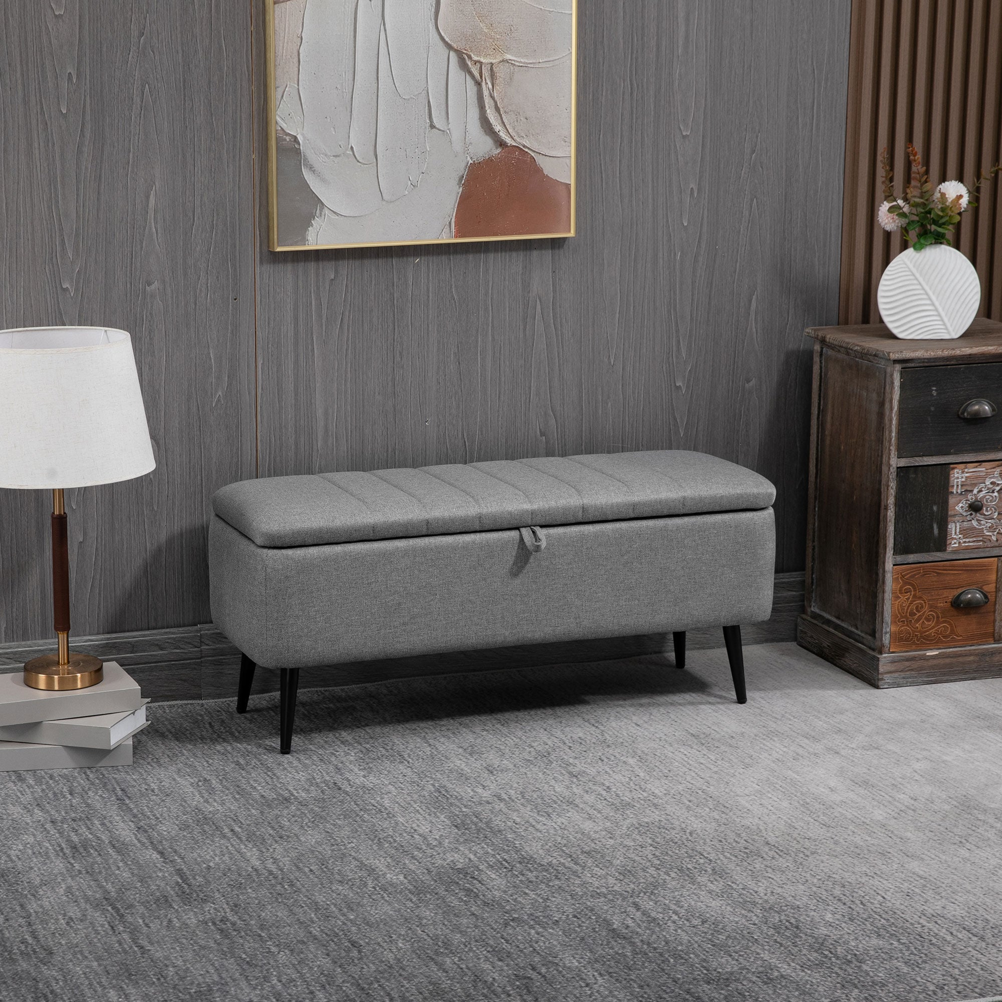 Storage Ottoman with Flip Top, Rectangular Upholstered Bench, Linen Look Fabric Footstool with Steel Legs for Living Room, Bedroom, Grey