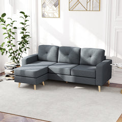 3 Seater Sofa with Footstool, Fabric L-Shaped Sofa, Sectional Couch with Wood Legs, Tufting Cushioned Back for Small Space, Living Room, Office, Dark Grey