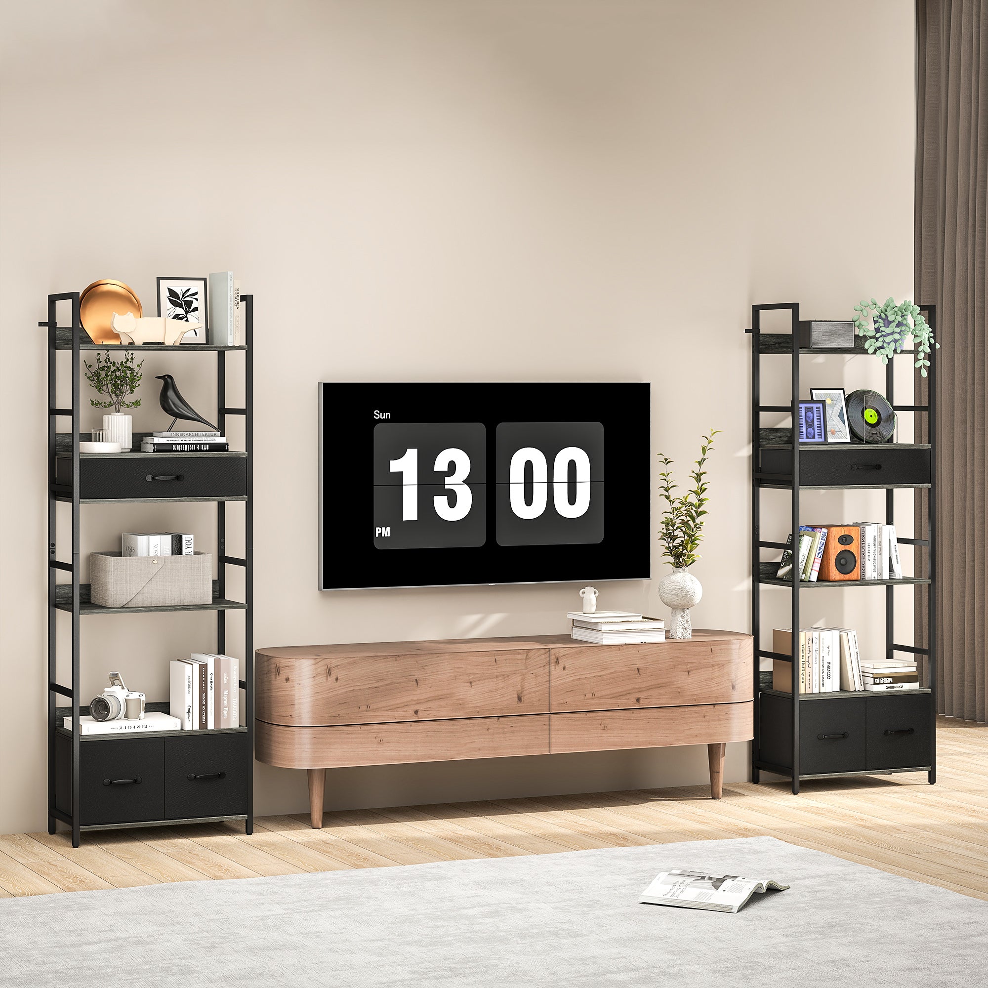 Fynco - Industrial Bookcase, 6-Tier Tall Bookshelf with 3 Fabric Drawers - Grey