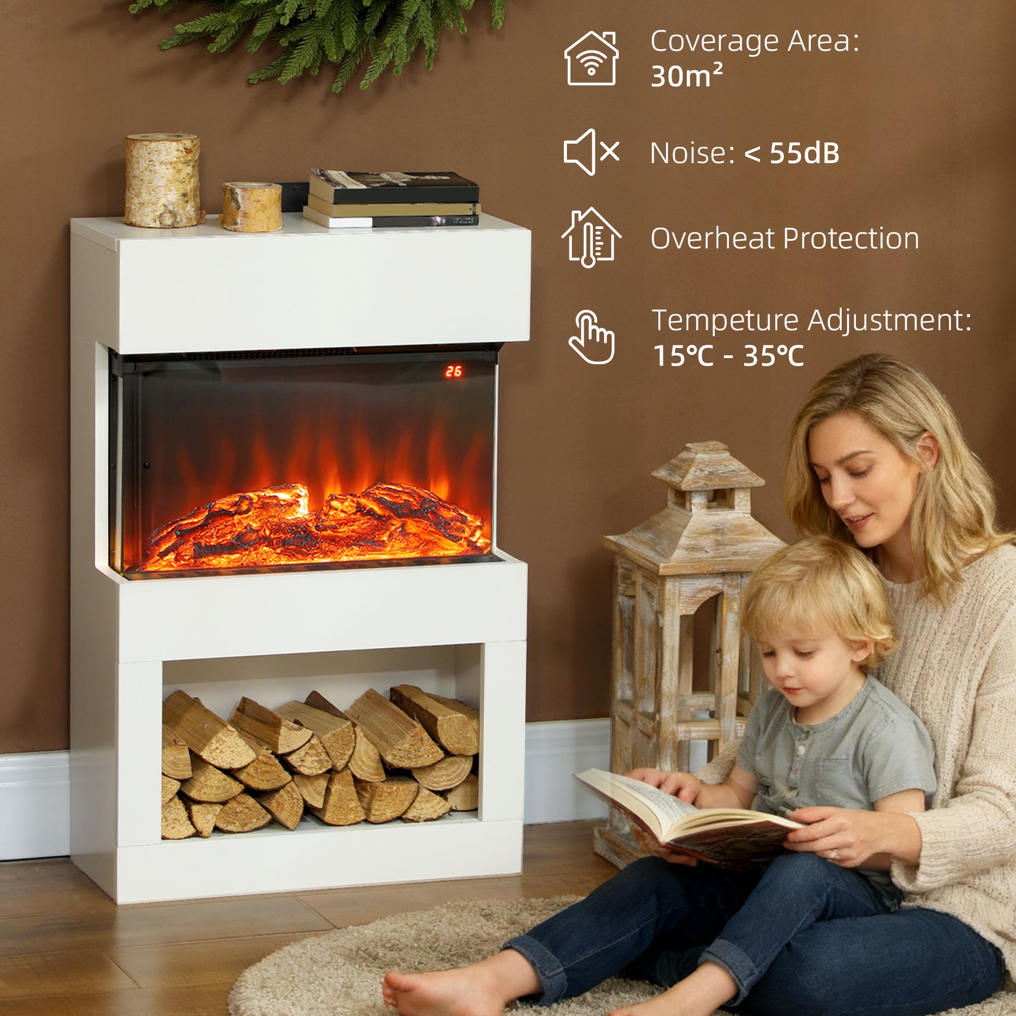 Fynco - Electric Fireplace with 3D Flame Effect, 6 Colours & 3 Brightness Levels, 1000W/2000W White Electric Fire and Mantel Reach up to 30㎡ Space with Remote & Timer, 3 Sided View for Living Room