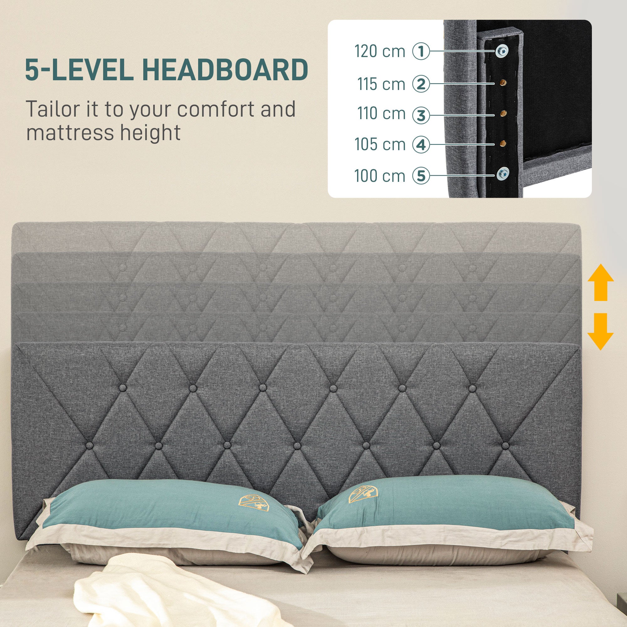 Double Bed Frame with 5-Level Adjustable Linen Upholstered Headboard, Wooden Slats Mattress Foundation, No Box Spring Needed, Grey