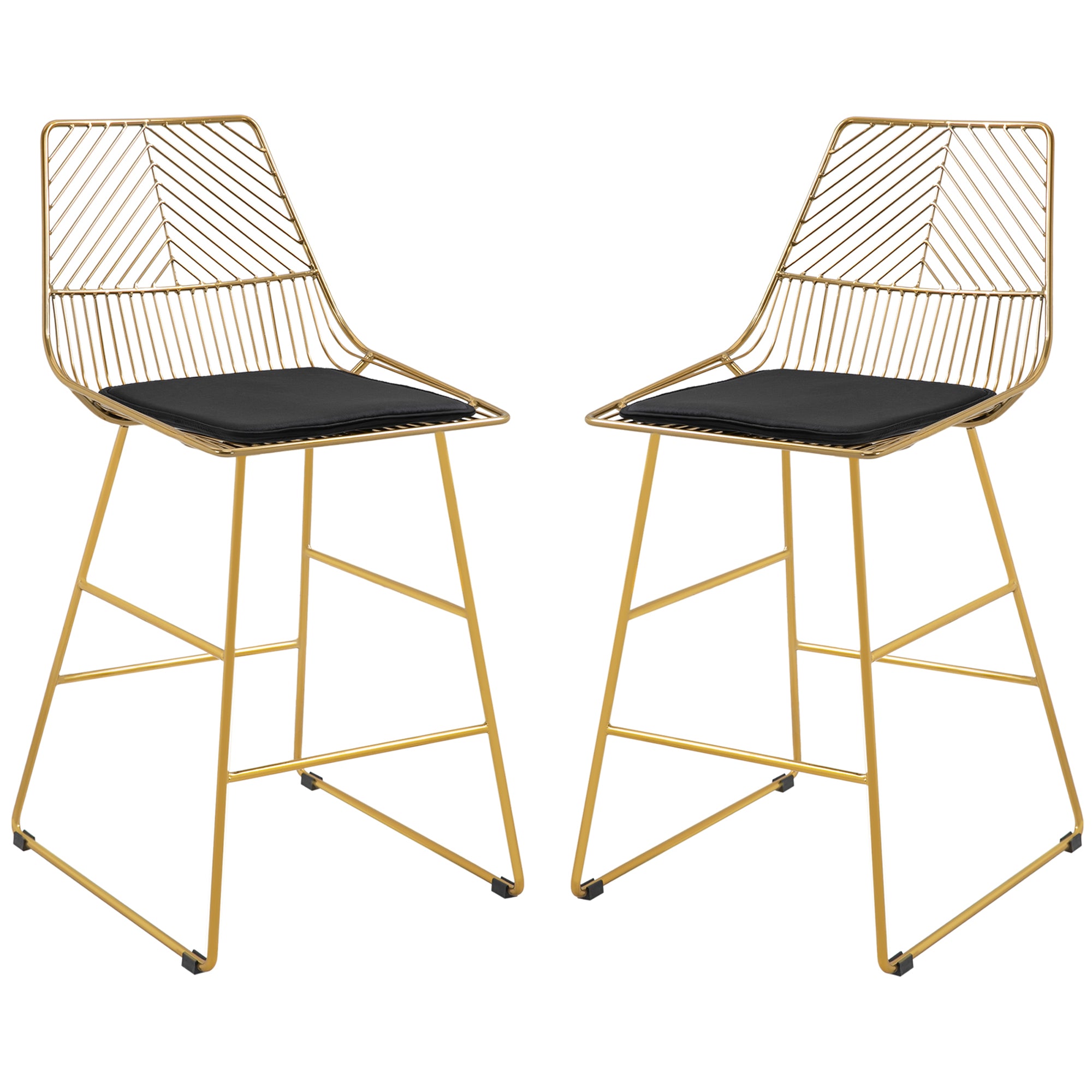 Set of 2 Bar Stools, Modern Counter Height Breakfast Bar Chairs with Wire Metal Frame for Kitchen, Dining Room, Gold