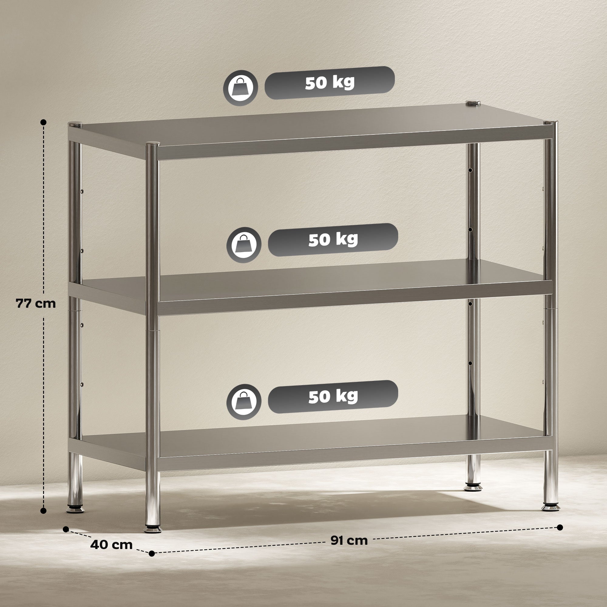 Fynco - 3-Tier Bakers Rack with Storage, Stainless Steel Microwave Stand with Adjustable Shelves for Small Spaces, Kitchen Storage Unit for Spices, Pots and Pans, Silver Tone
