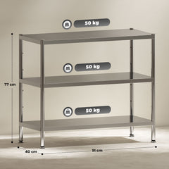 Fynco - 3-Tier Bakers Rack with Storage, Stainless Steel Microwave Stand with Adjustable Shelves for Small Spaces, Kitchen Storage Unit for Spices, Pots and Pans, Silver Tone