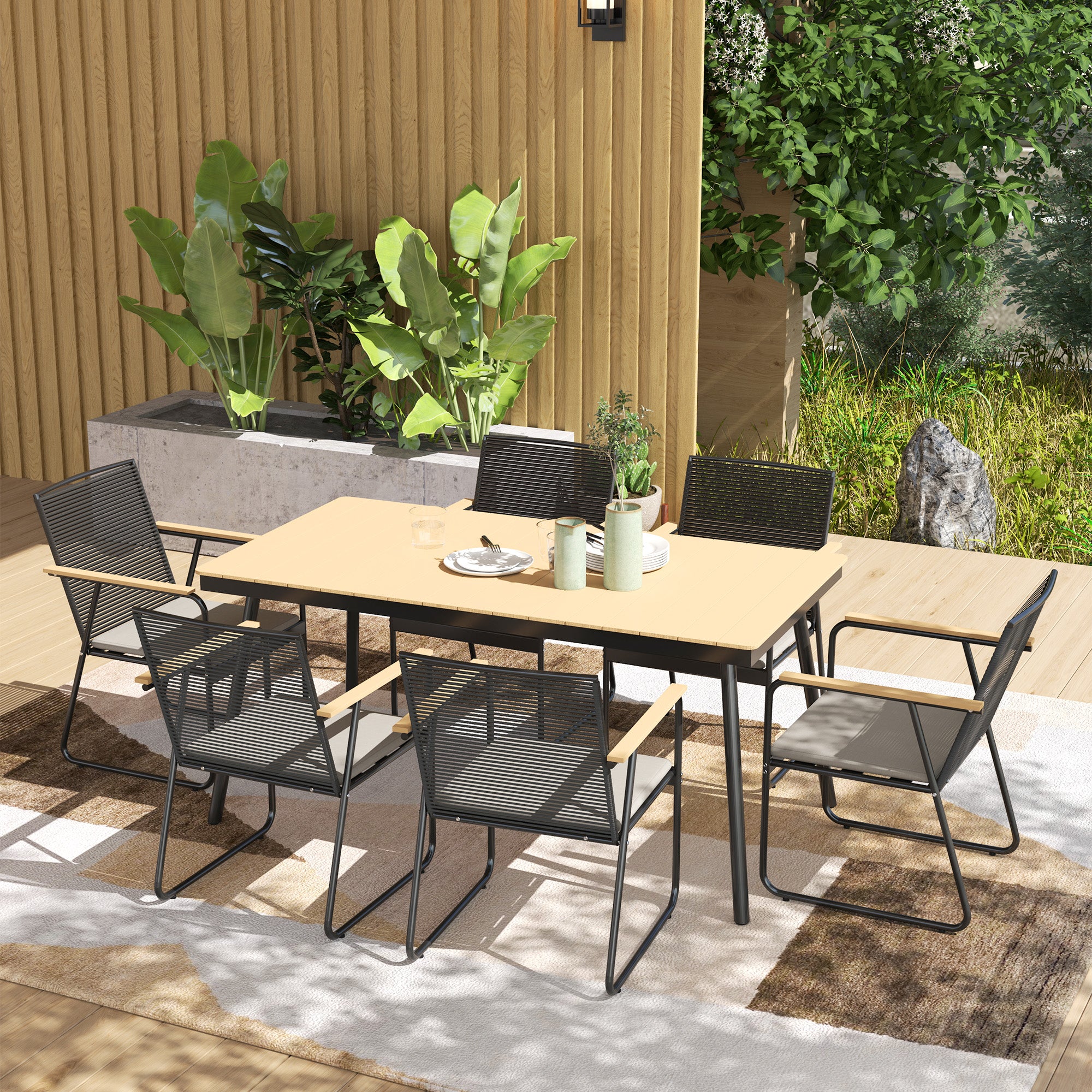 6 Seater Garden Dining Set with Soft Cushions, Rattan Backrest, Rectangular Plastic Top, Garden Furniture Set, Outdoor Dining Table and Chairs for Patio, Balcony, Poolside, Nature Wood Finish