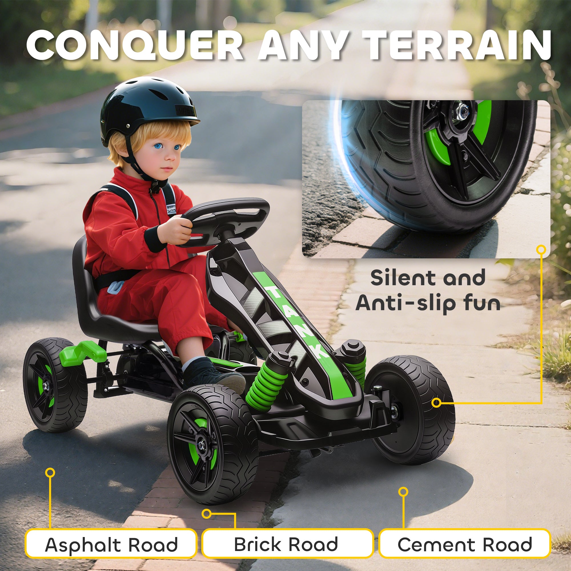 AIYAPLAY Pedal Go kart for Kids Ages 3-6 Years, with Automatic Clutch, Brake, EVA Anti-Slip Wheels, Green