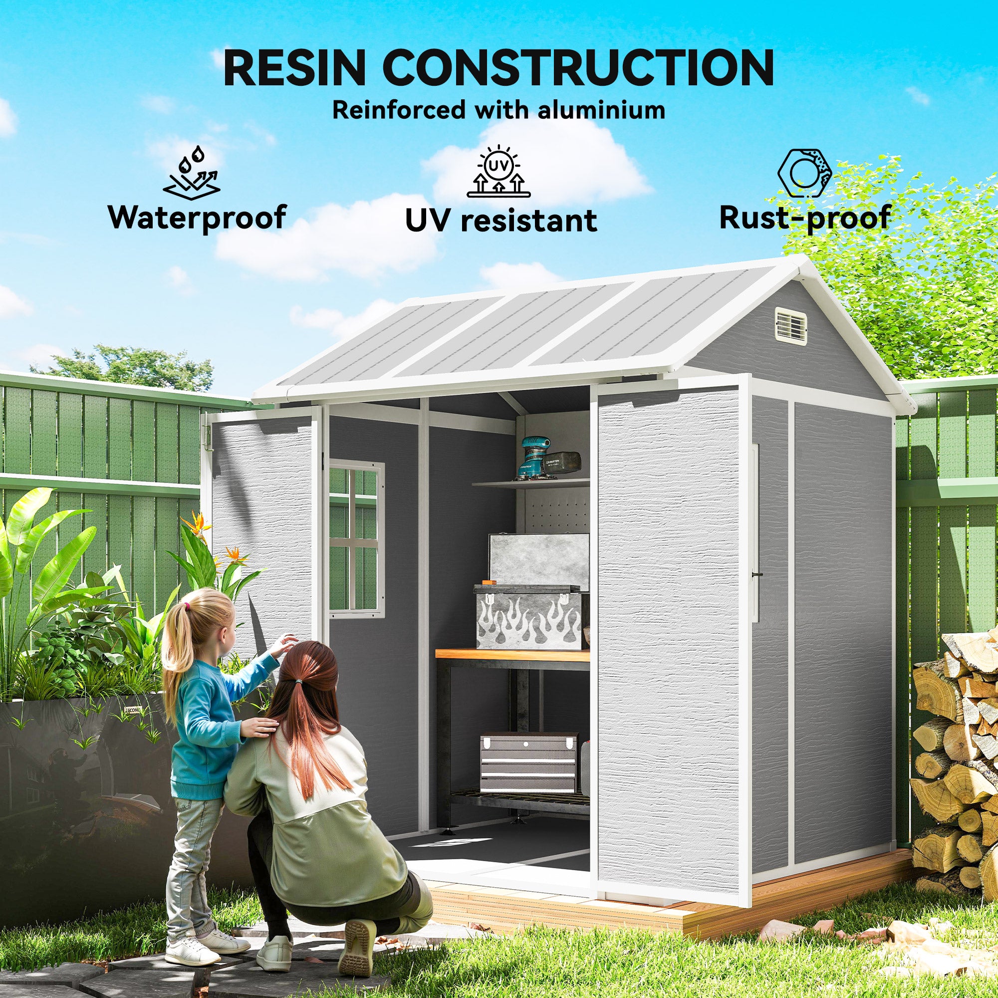 Fynco - 6 x 6ft Garden Shed with Floor, Window, Lockable Doors and Vents, Wood Effect Resin Tool Shed for Outdoor Patio, Grey