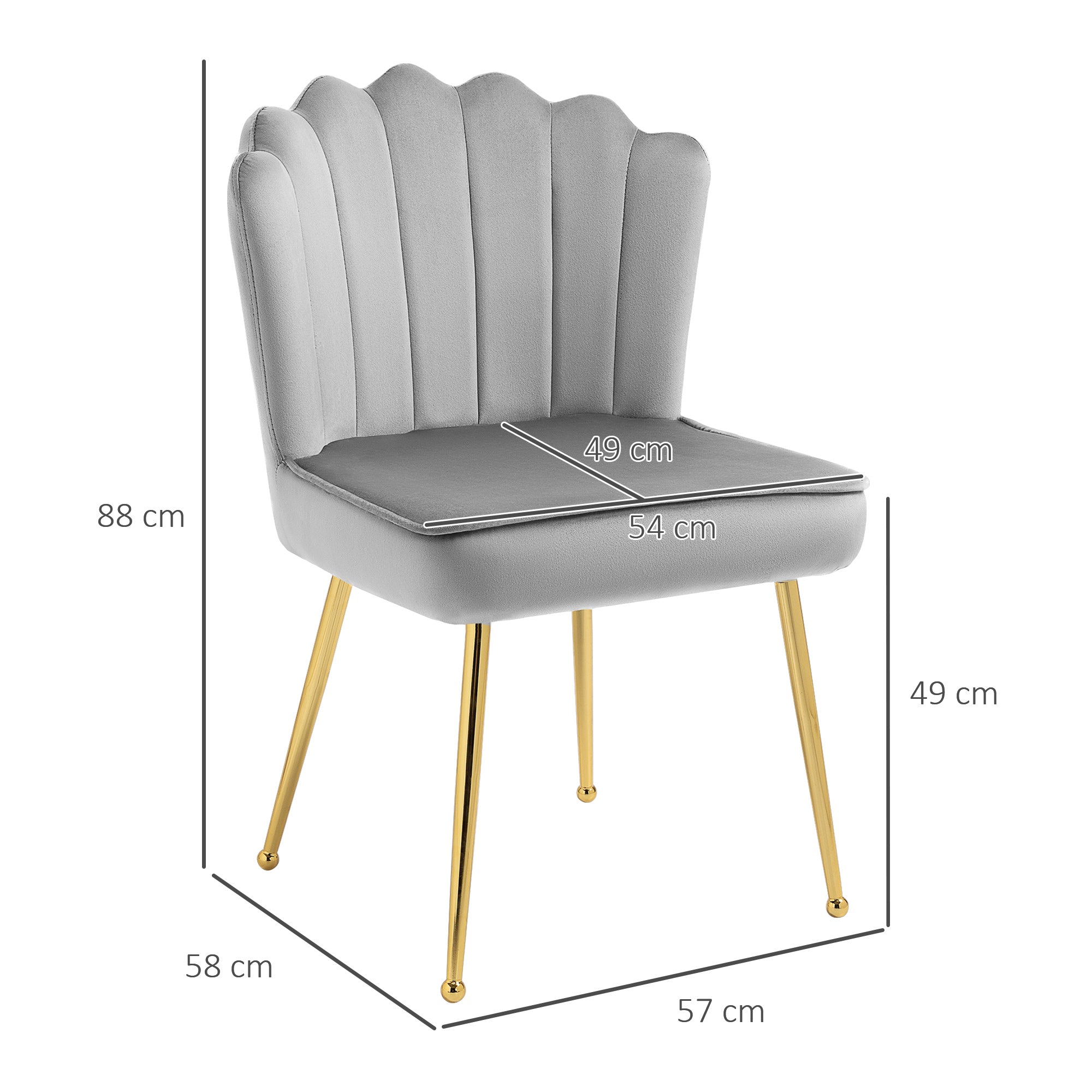 Shell Dining Chairs Set of 2, Upholstered Kitchen Chairs with Gold Metal Legs and Backrest, Velvet Fabric Lounge Leisure Chairs for Living Room, Reception Room, Grey