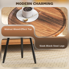 Modern Round Coffee Table with Steel Frame for Small Space, Sofa Beside, Living Room, Bedroom, Chestnut Wood Effect