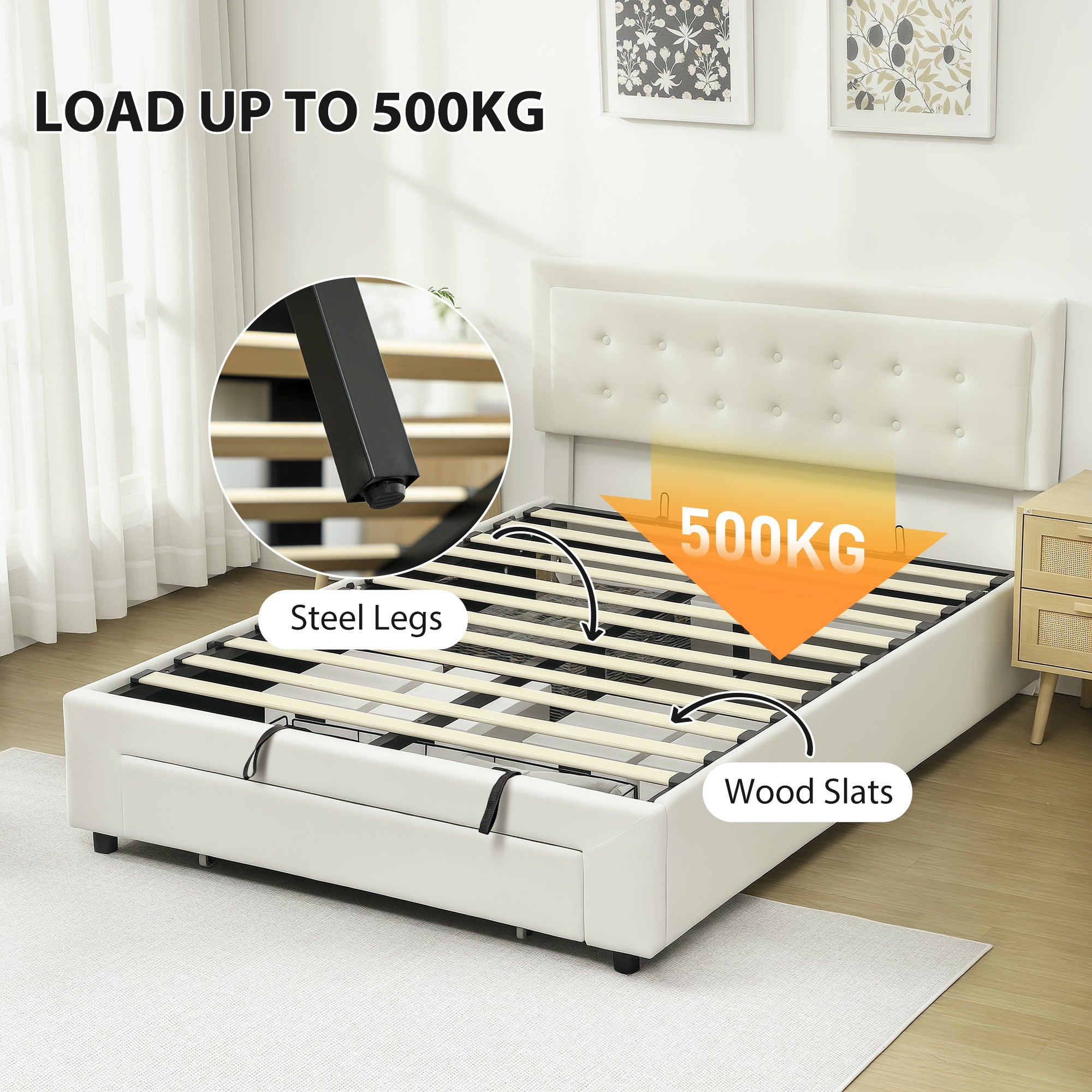 Fynco - Double Ottoman Bed Frame, with Front Drawer - Cream