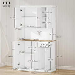 180cm Freestanding Kitchen Cabinet, Modern Storage Cupboard with Open Countertop, Drawer and 6 Doors, White