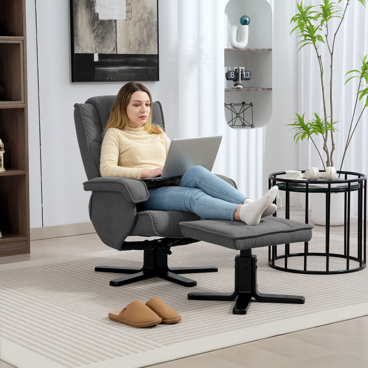 Rocker Swivel Recliner Chair with Footstool - Charcoal Grey Velvet