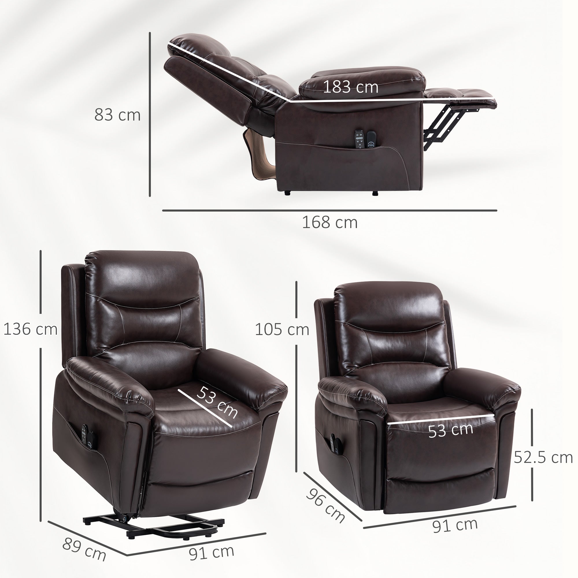 Fynco - Power Lift Recliner Chair with Vibration Massage, Heat, USB - Brown
